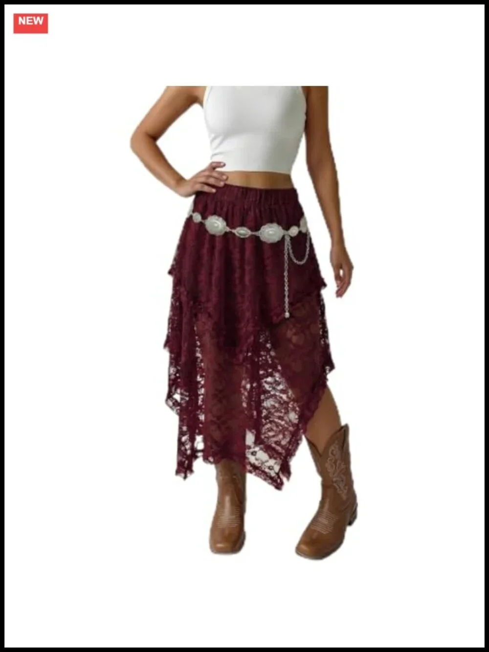Women's Lace Long Skirt Asymmetrical Layered Hem Flowy Boho Maxi
